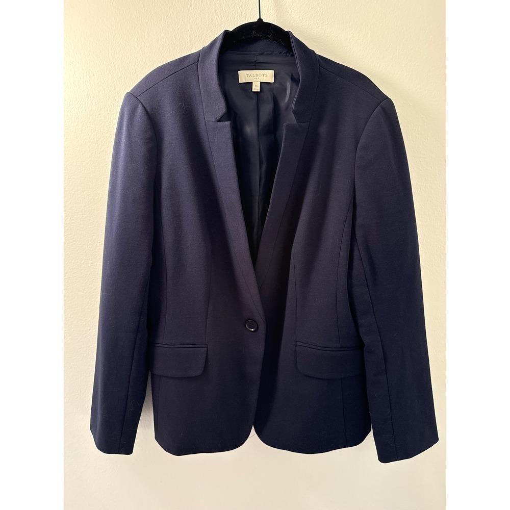 Talbots Women's Blazer Navy Sz 14 Business Casual Cotton Blend Notch Neck Collar
